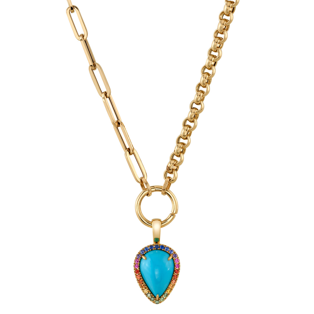 4.29ct Pear Shape Turquoise & Rainbow Sapphire Drop Pendant in 18K Yellow Gold