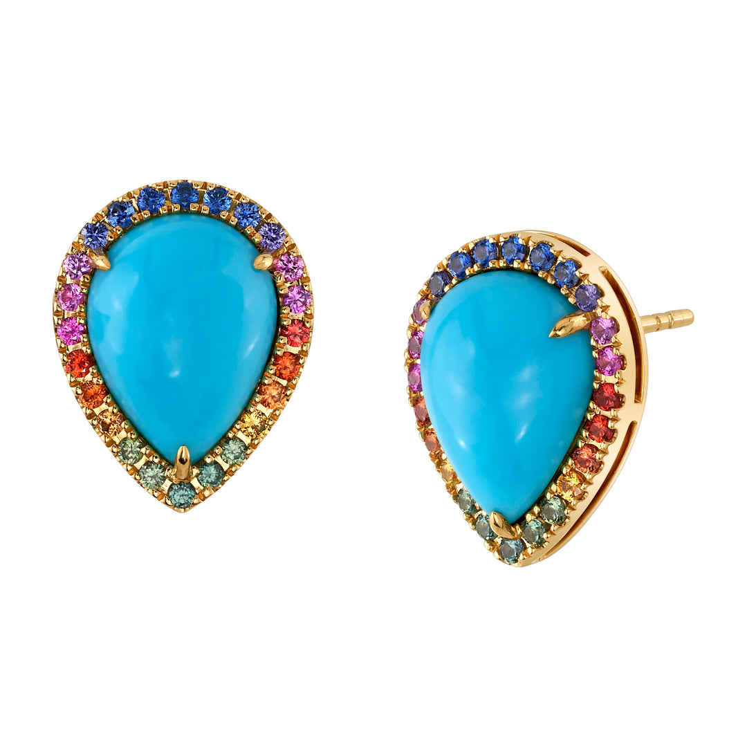 6.24ct Pear Shape Turquoise & Rainbow Sapphire Studs in 18K Yellow Gold