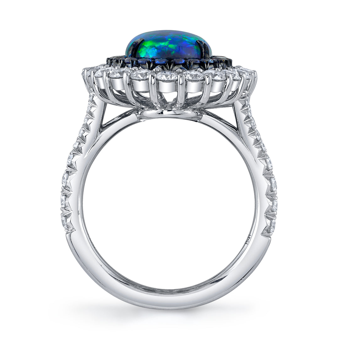 2.64ct Oval Australian Black Crystal Opal, Sapphire, & Diamond Ring in Platinum