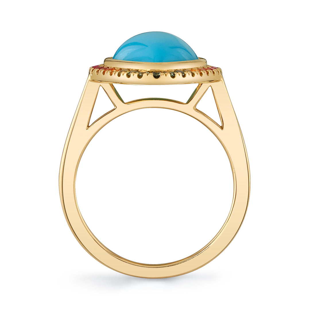 7.20ct Pear Shape Turquoise & Rainbow Sapphire Ring in 18K Yellow Gold