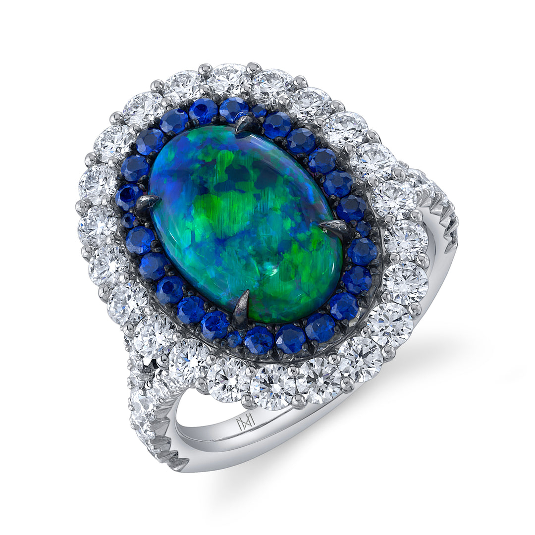 2.64ct Oval Australian Black Crystal Opal, Sapphire, & Diamond Ring in Platinum