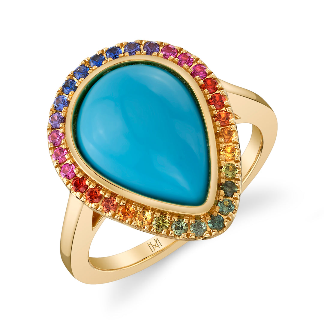 7.20ct Pear Shape Turquoise & Rainbow Sapphire Ring in 18K Yellow Gold