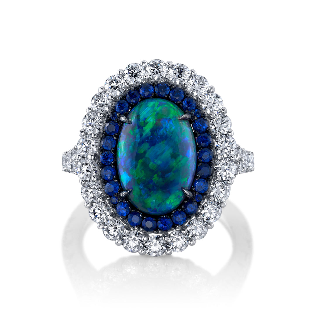 2.64ct Oval Australian Black Crystal Opal, Sapphire, & Diamond Ring in Platinum