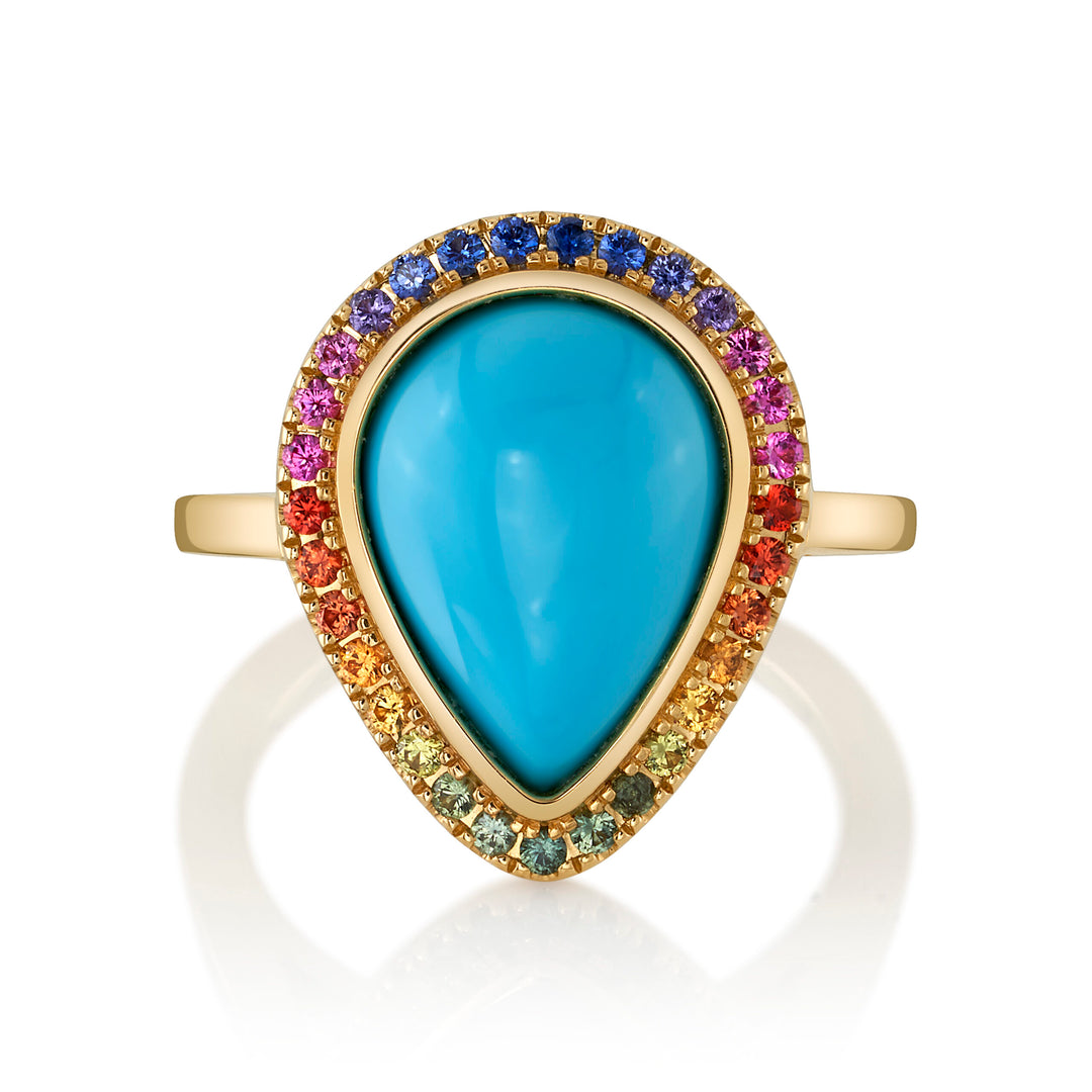 7.20ct Pear Shape Turquoise & Rainbow Sapphire Ring in 18K Yellow Gold