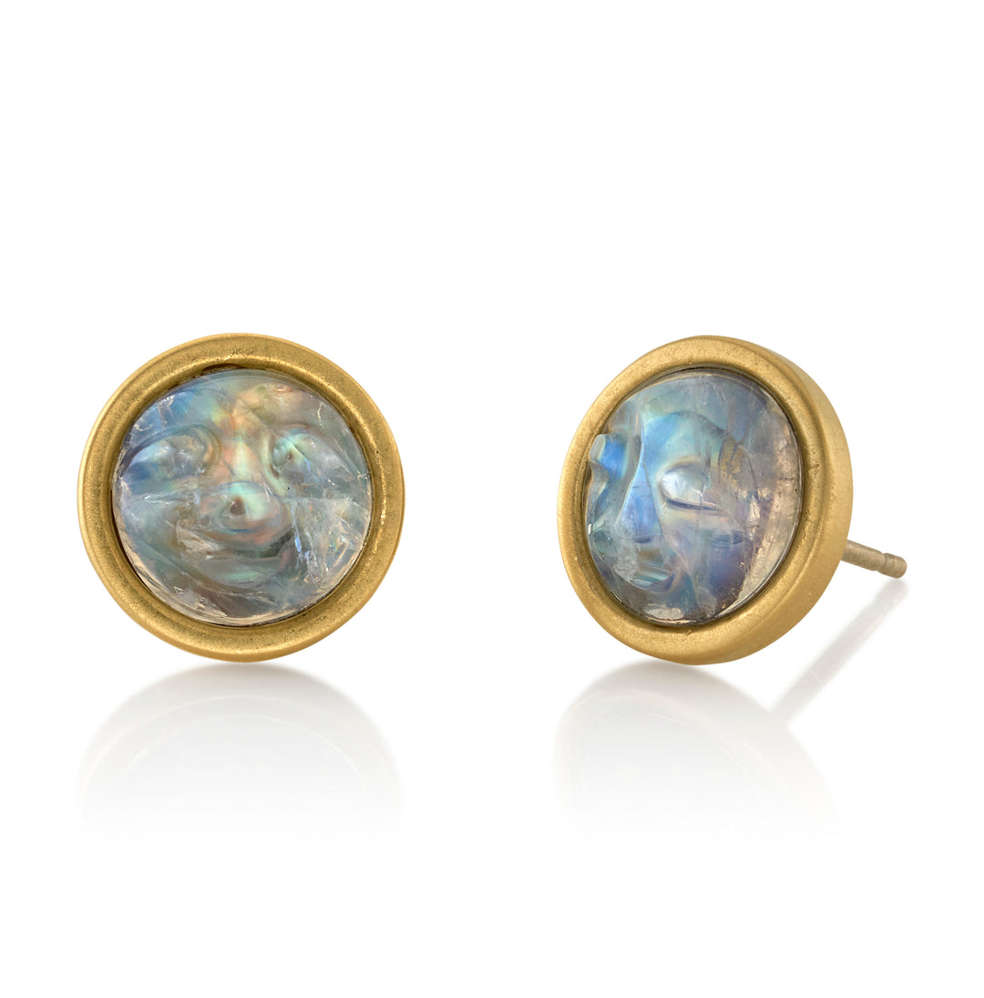 3.54ct "Man in the Moon" Rainbow Moonstone Earrings in 18K Yellow Gold