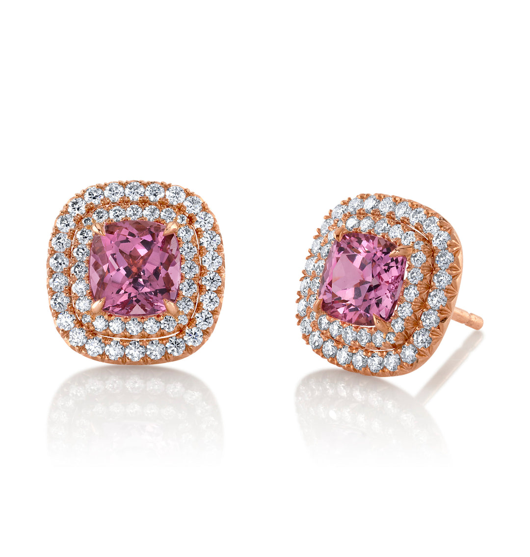 1.91ct Cushion Pink Spinel & Double Diamond Halo Stud Earrings in 18K Rose Gold