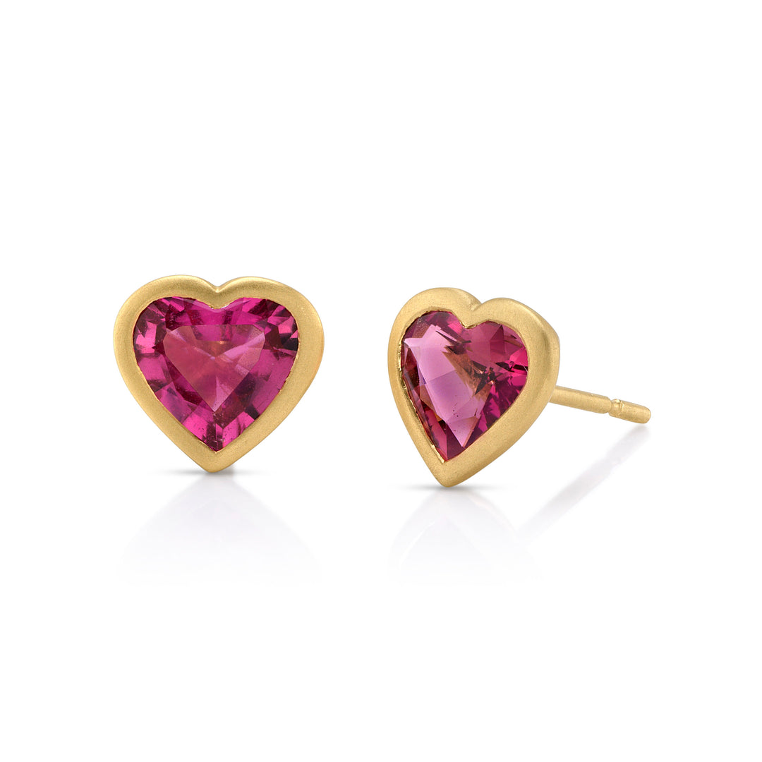 2.27ctw Heart Shape Tourmaline Gemstone Bezel Studs in 18K Yellow Gold