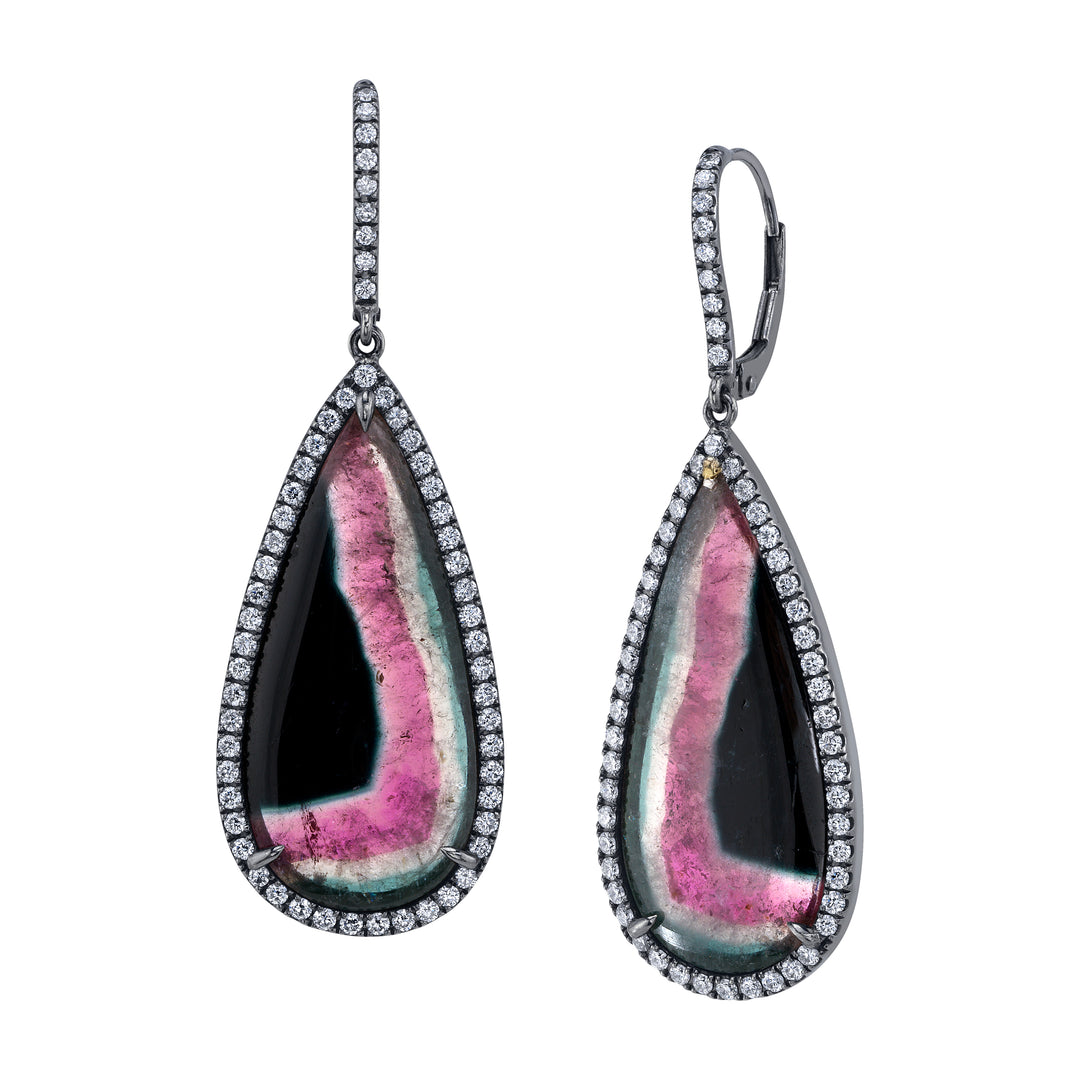 21.40ct Pear Shape Tourmaline Slice Earrings in 18K Blackened Gold