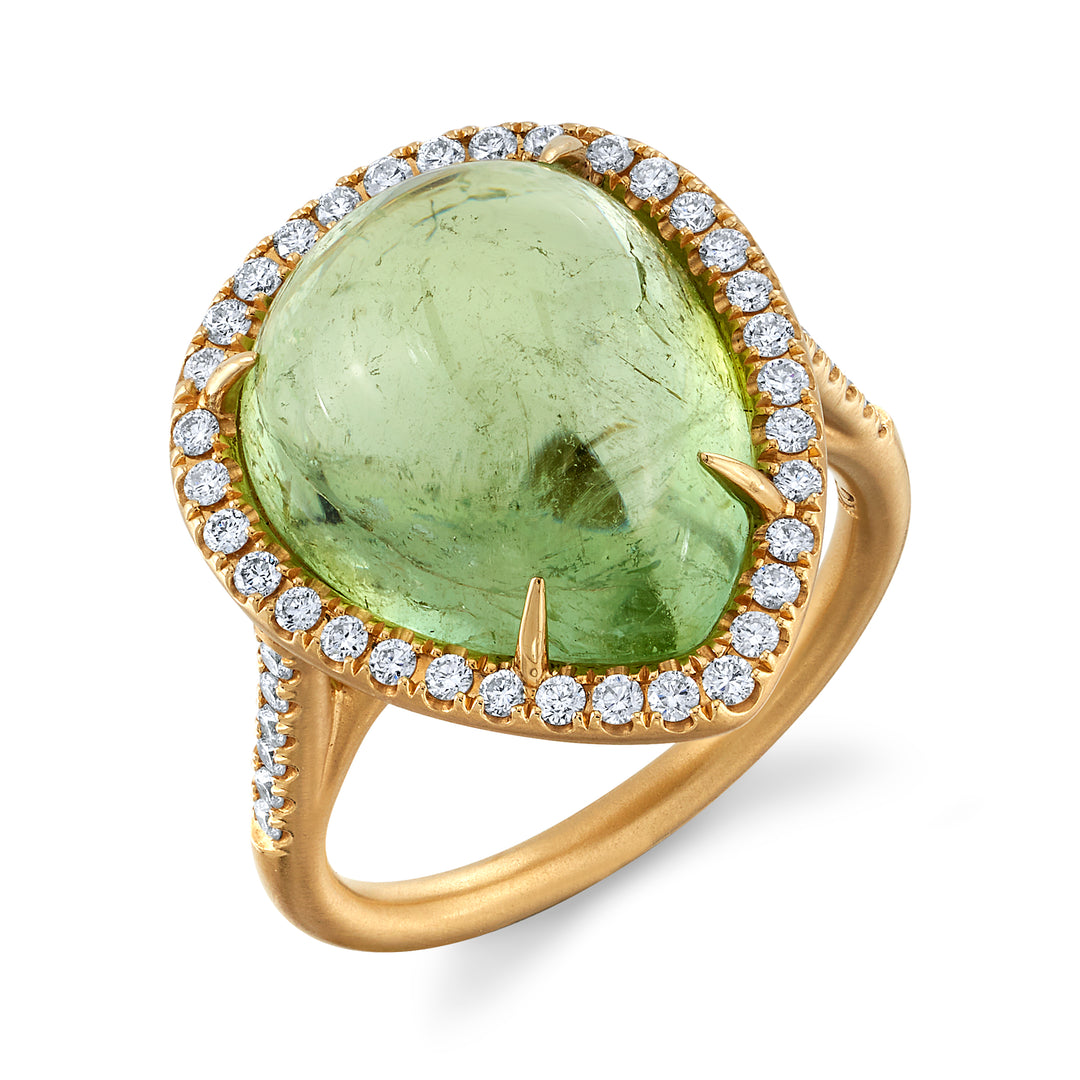 11.22ct Pear Shape Green Tourmaline Cabochon & Diamond Ring