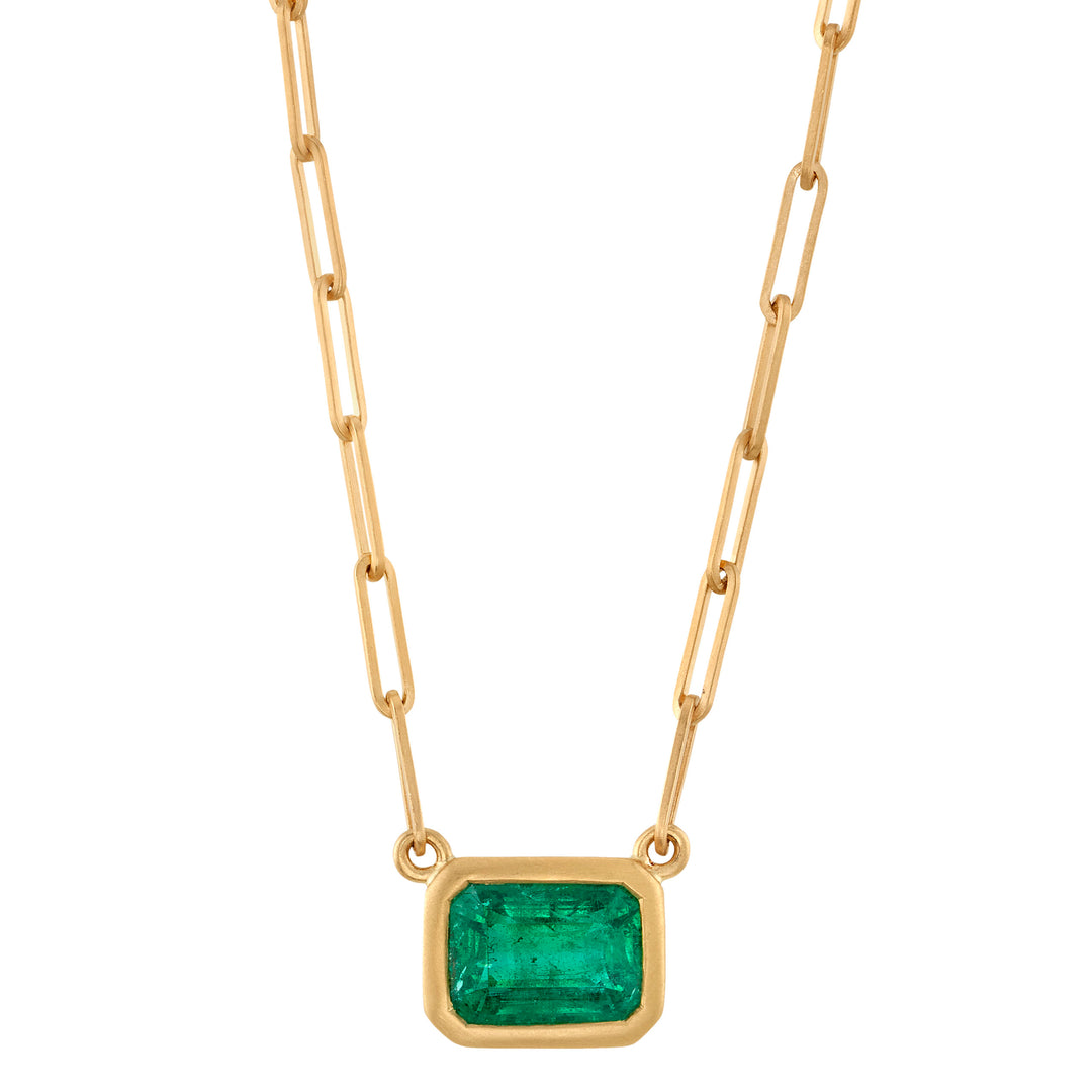 East to West Bezel Emerald Cut Emerald with a 18K Yellow Gold Paperclip Chain