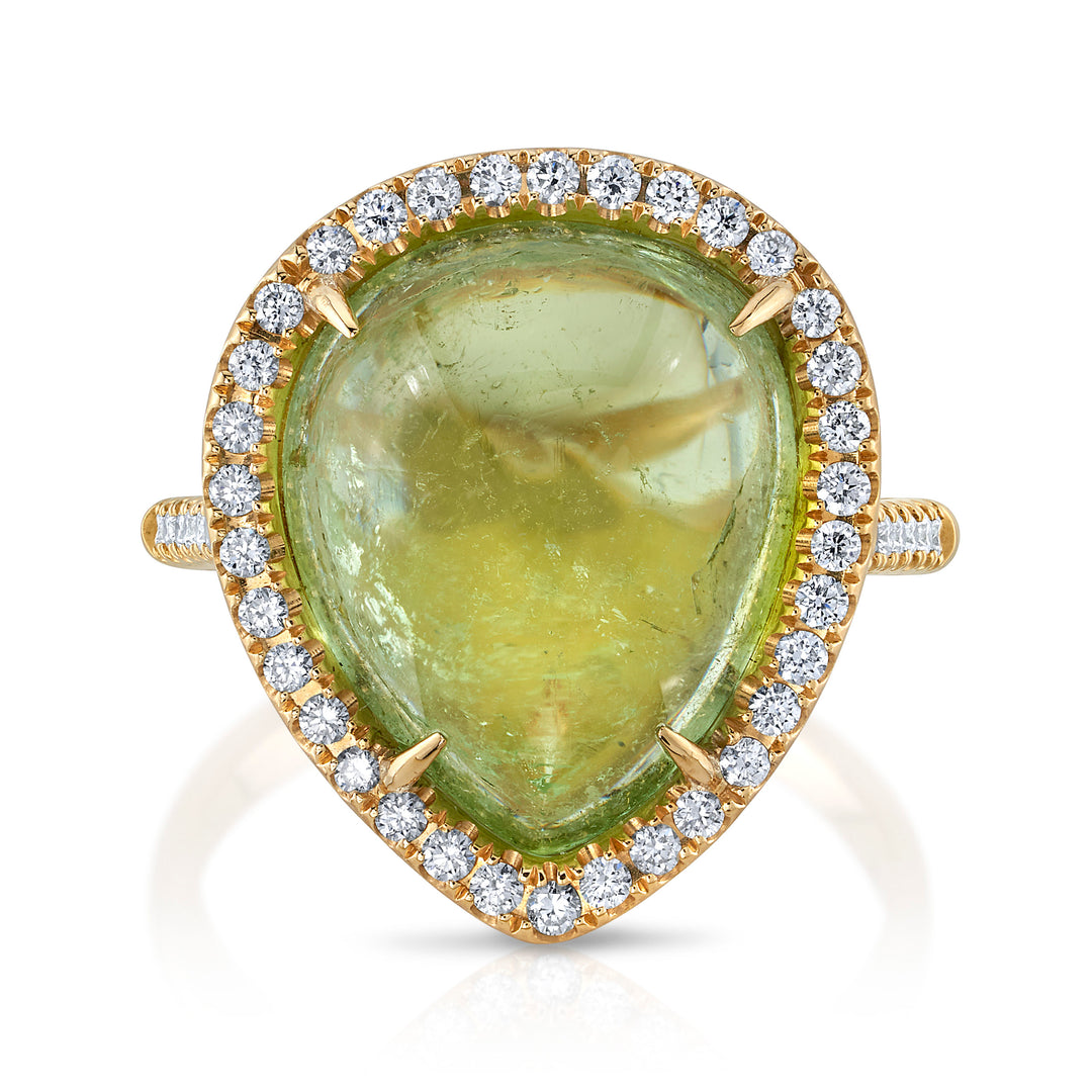 11.22ct Pear Shape Green Tourmaline Cabochon & Diamond Ring