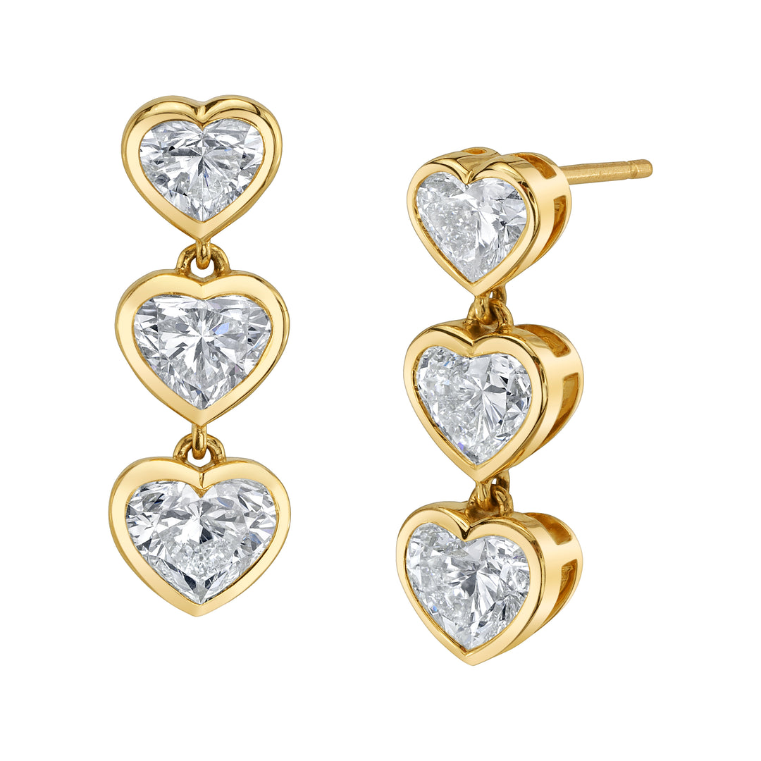 Heart Shape Bezel Diamond Dangle Earrings in 18K Yellow Gold