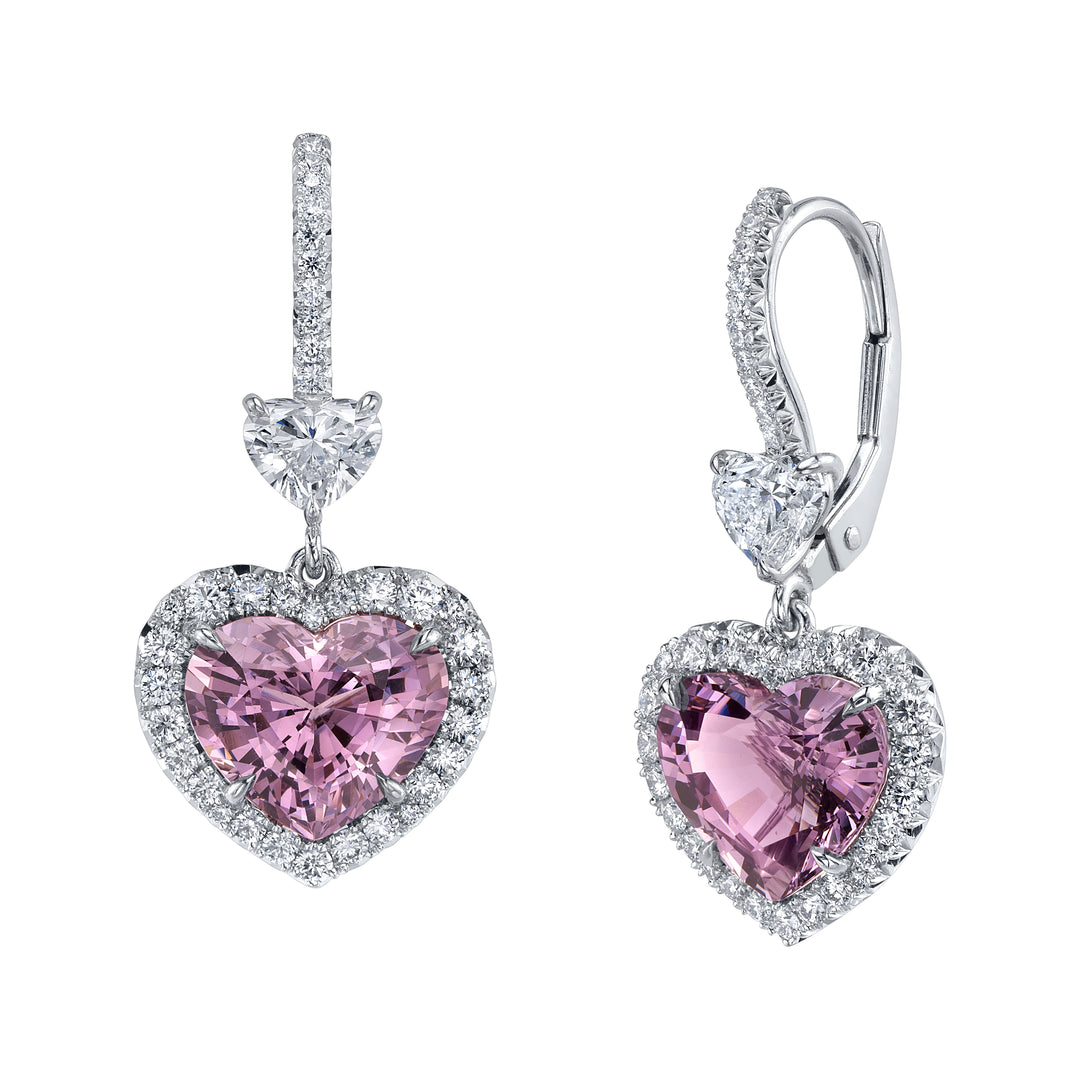 5.55ctw Heart Shape Purple Spinel & Diamond Halo Dangle Earrings in Platinum