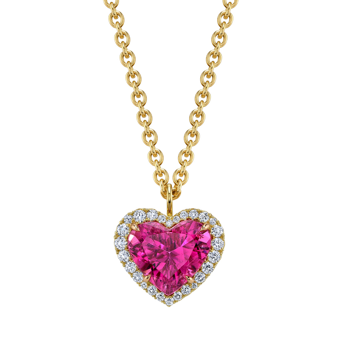 5.19ct Heart Shape Brazilian Pink Tourmaline & Diamond Pendant in 18K Yellow Gold