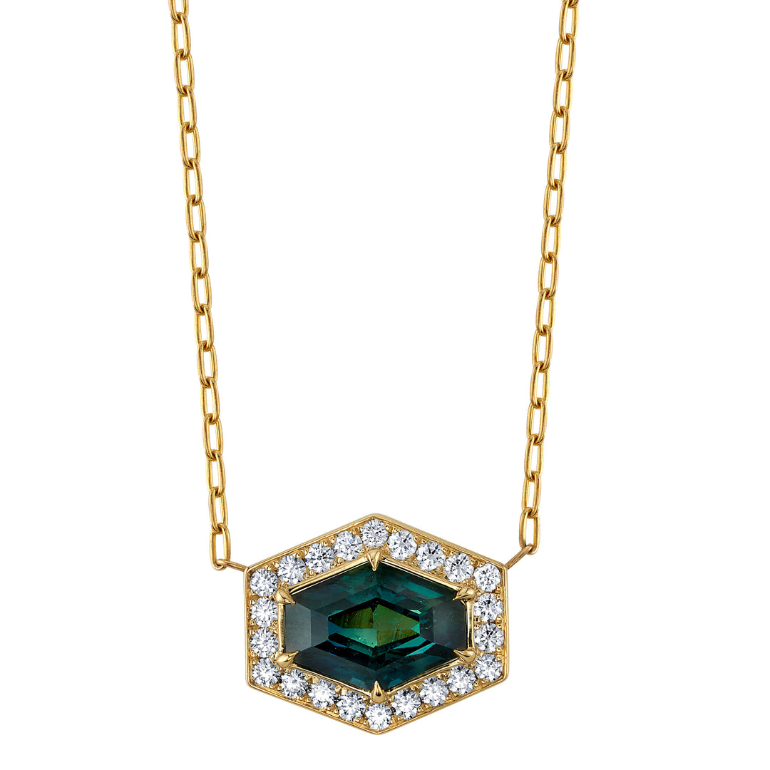 1.52ct Hexagon Teal Sapphire & Diamond Necklace