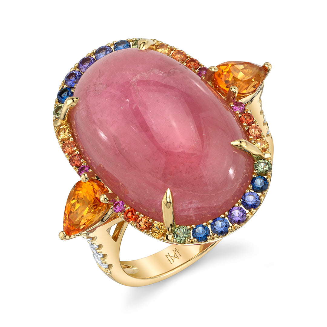 17.30ct Pink Tourmaline Cabochon, Spessartite Garnet, Rainbow Sapphire, & Diamond Ring in 18K Yellow Gold
