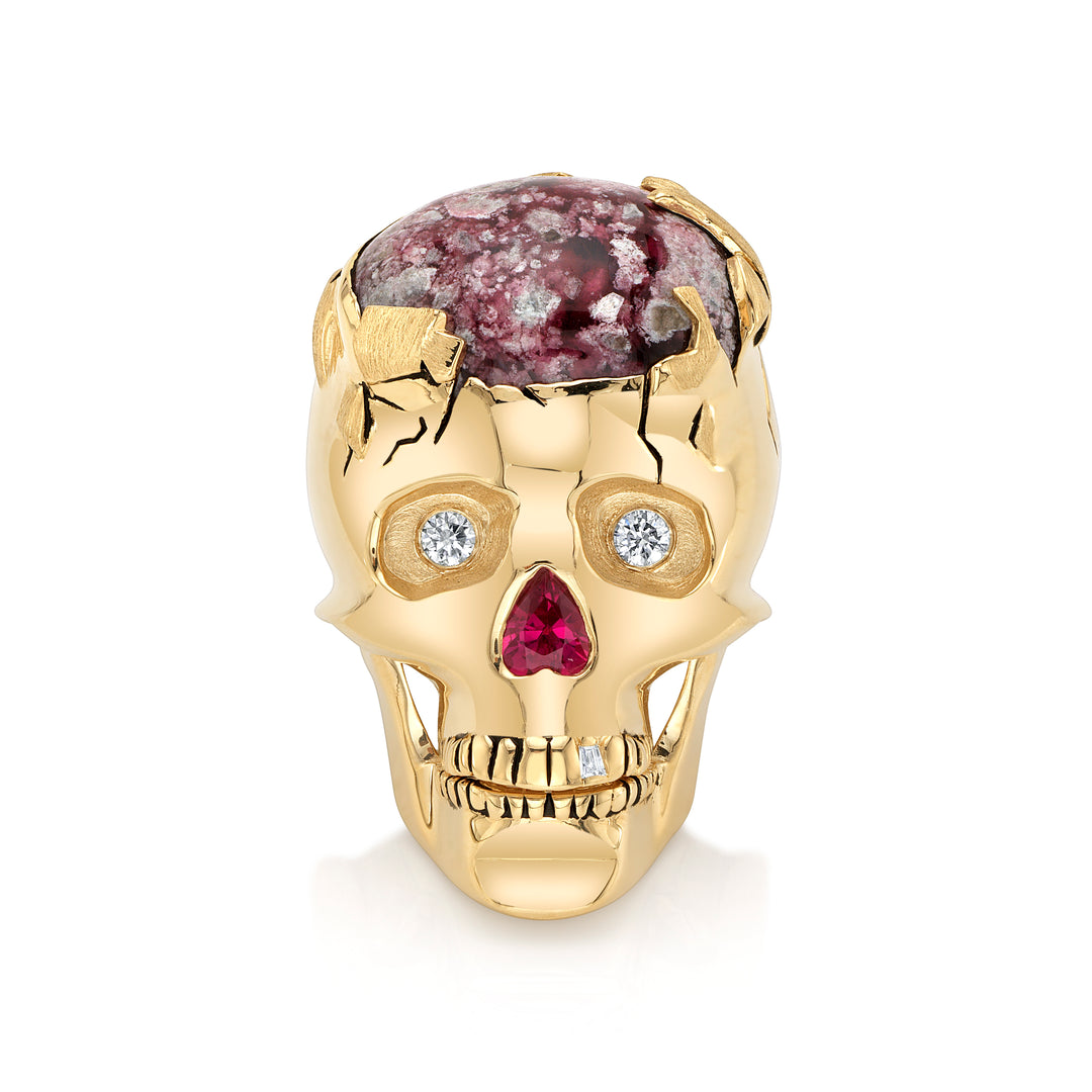 “Skullchemy, the Cranium of Fire:" 14K Yellow Gold Red Beryl, Ruby and Diamond Skull Brooch