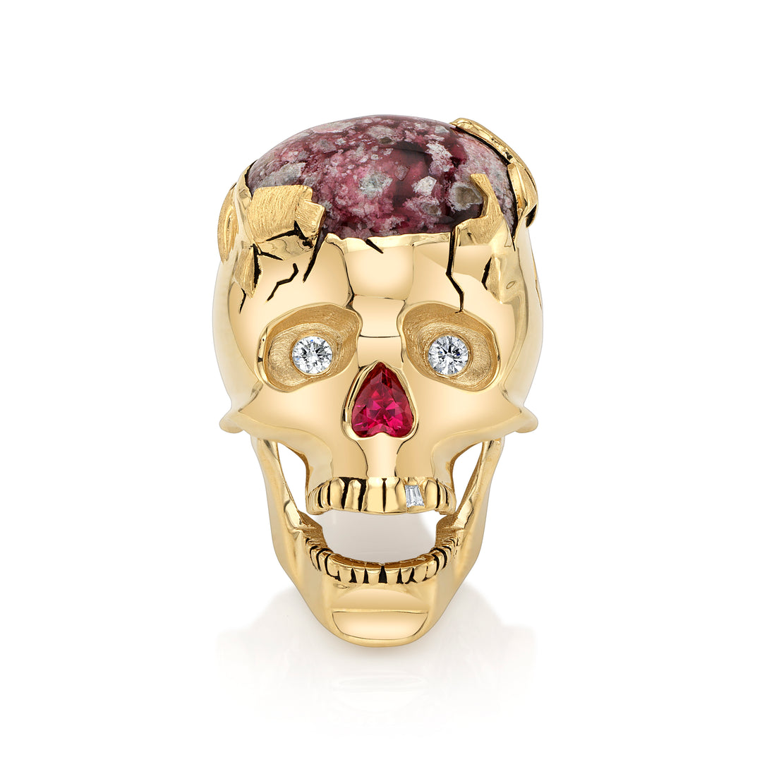 “Skullchemy, the Cranium of Fire:" 14K Yellow Gold Red Beryl, Ruby and Diamond Skull Brooch