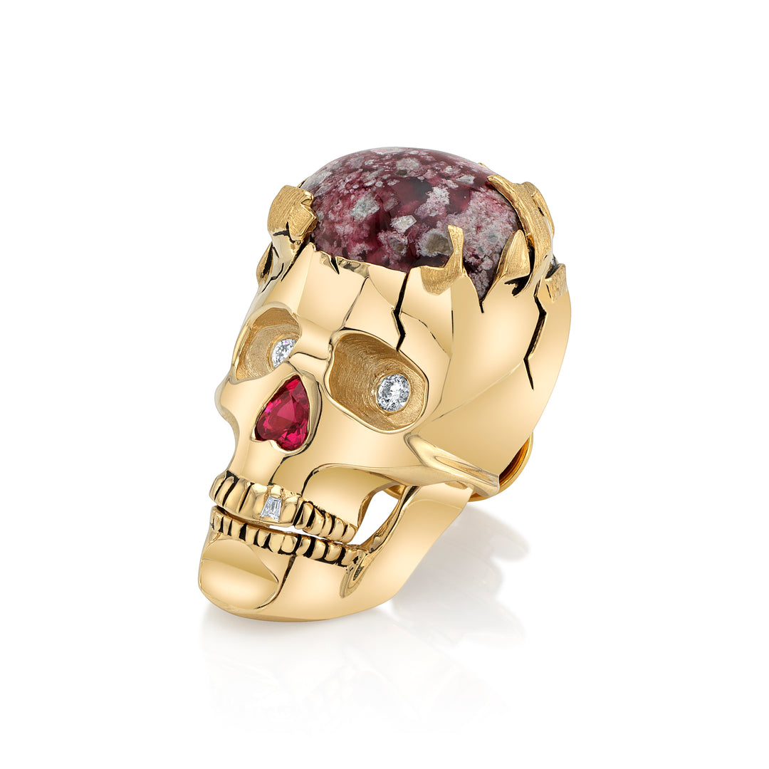 “Skullchemy, the Cranium of Fire:" 14K Yellow Gold Red Beryl, Ruby and Diamond Skull Brooch