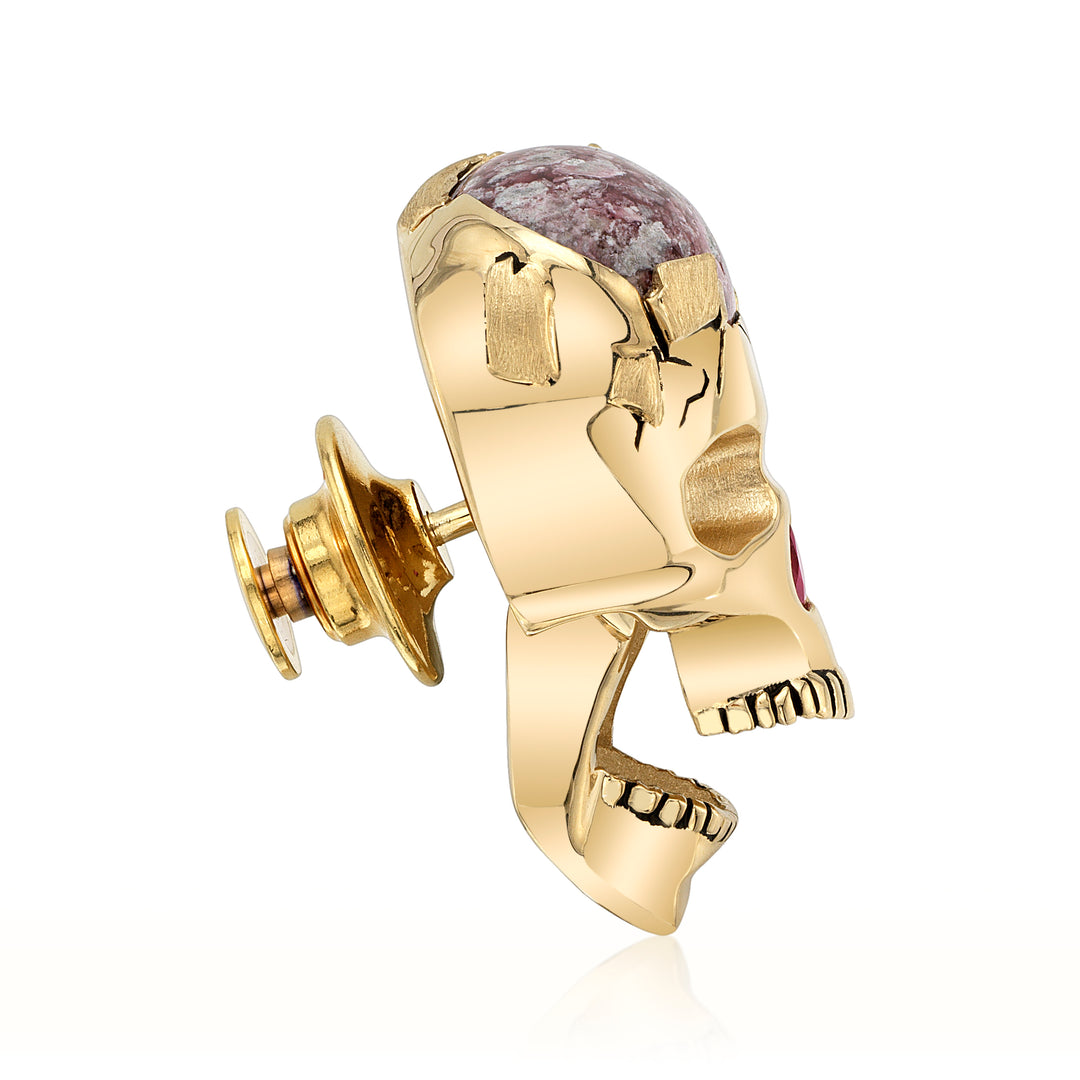 “Skullchemy, the Cranium of Fire:" 14K Yellow Gold Red Beryl, Ruby and Diamond Skull Brooch