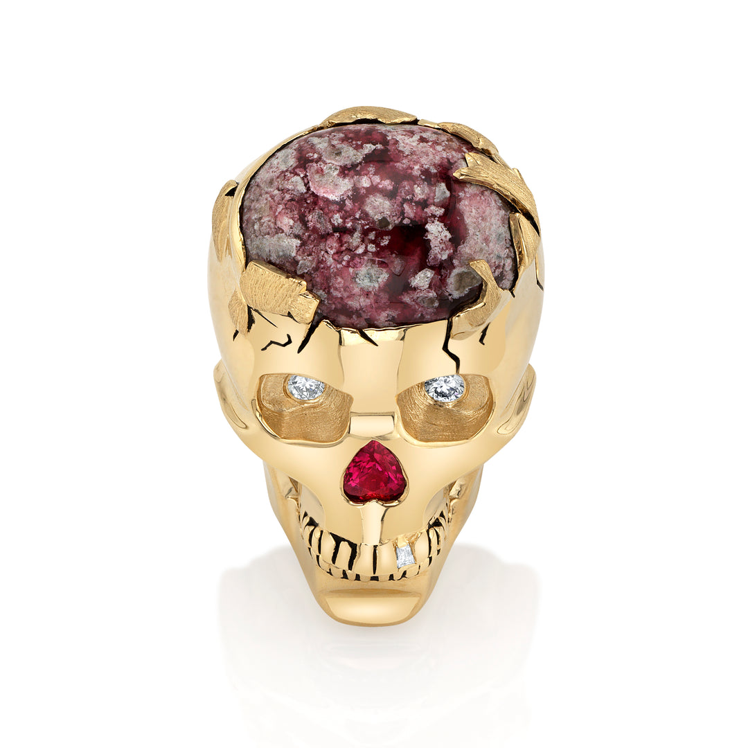 “Skullchemy, the Cranium of Fire:" 14K Yellow Gold Red Beryl, Ruby and Diamond Skull Brooch