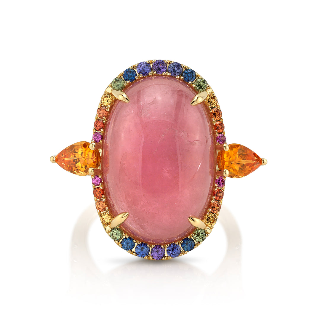 17.30ct Pink Tourmaline Cabochon, Spessartite Garnet, Rainbow Sapphire, & Diamond Ring in 18K Yellow Gold