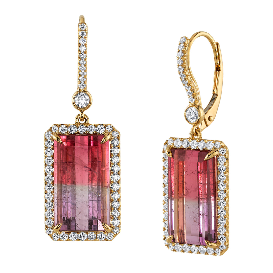 12.42ct Emerald Cut Brazilian Pink & Lavender Bi-Color Tourmaline & Diamond Earrings