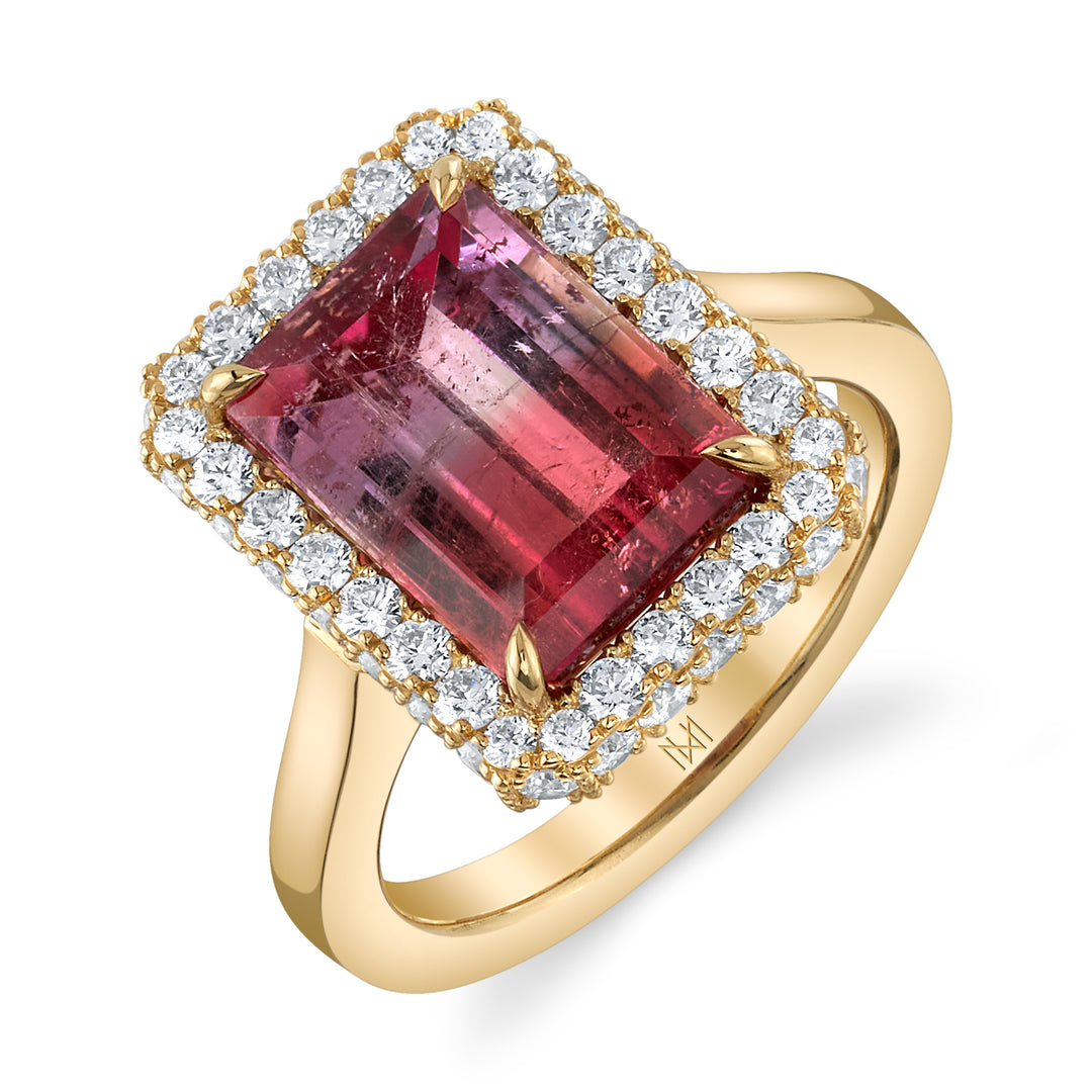 5.23ct Emerald Cut Bi-Color Pink & Lavender Brazilian Tourmaline & Diamond Ring