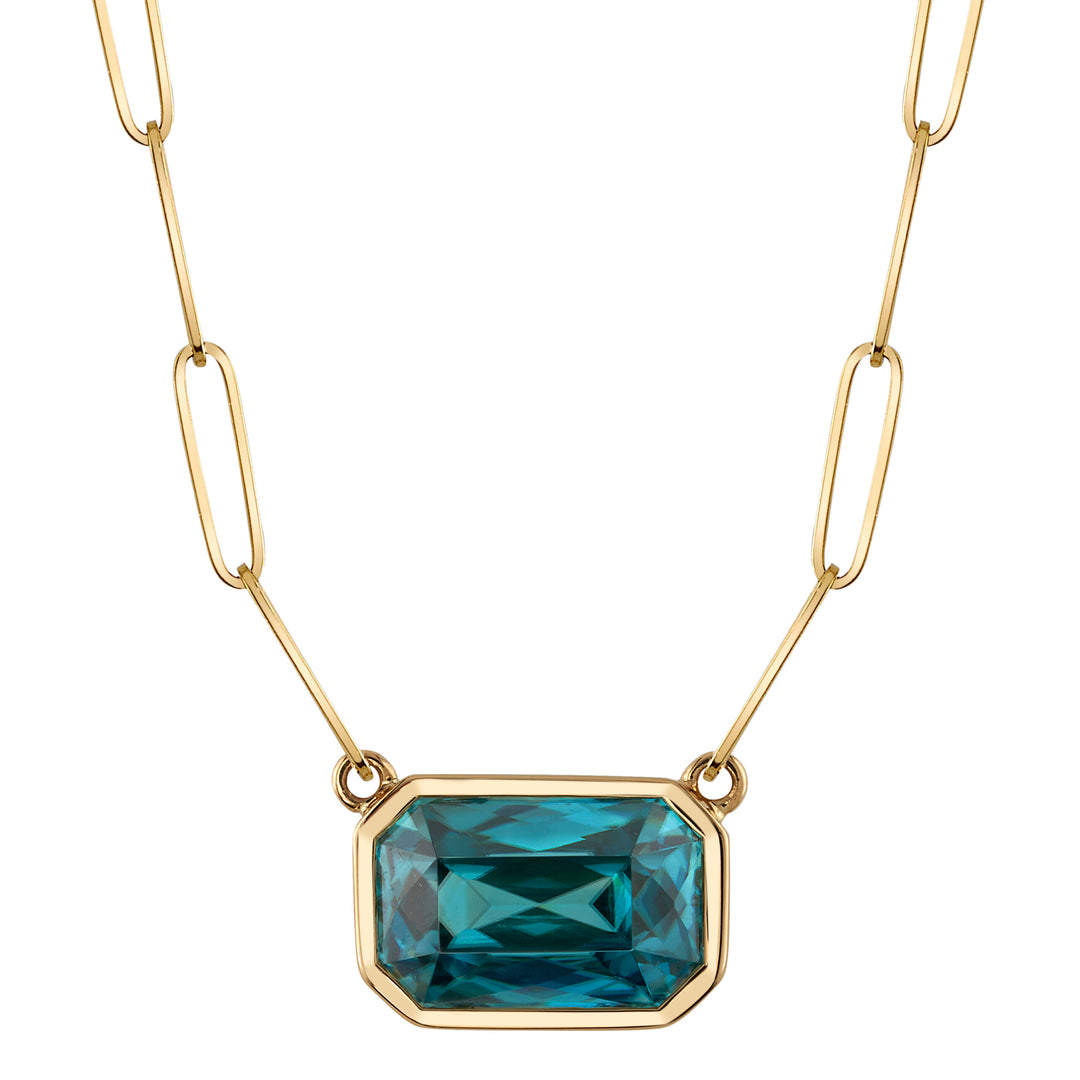 4.66ct Radiant Blue Zircon Bezel Polished 18K Yellow Gold Necklace