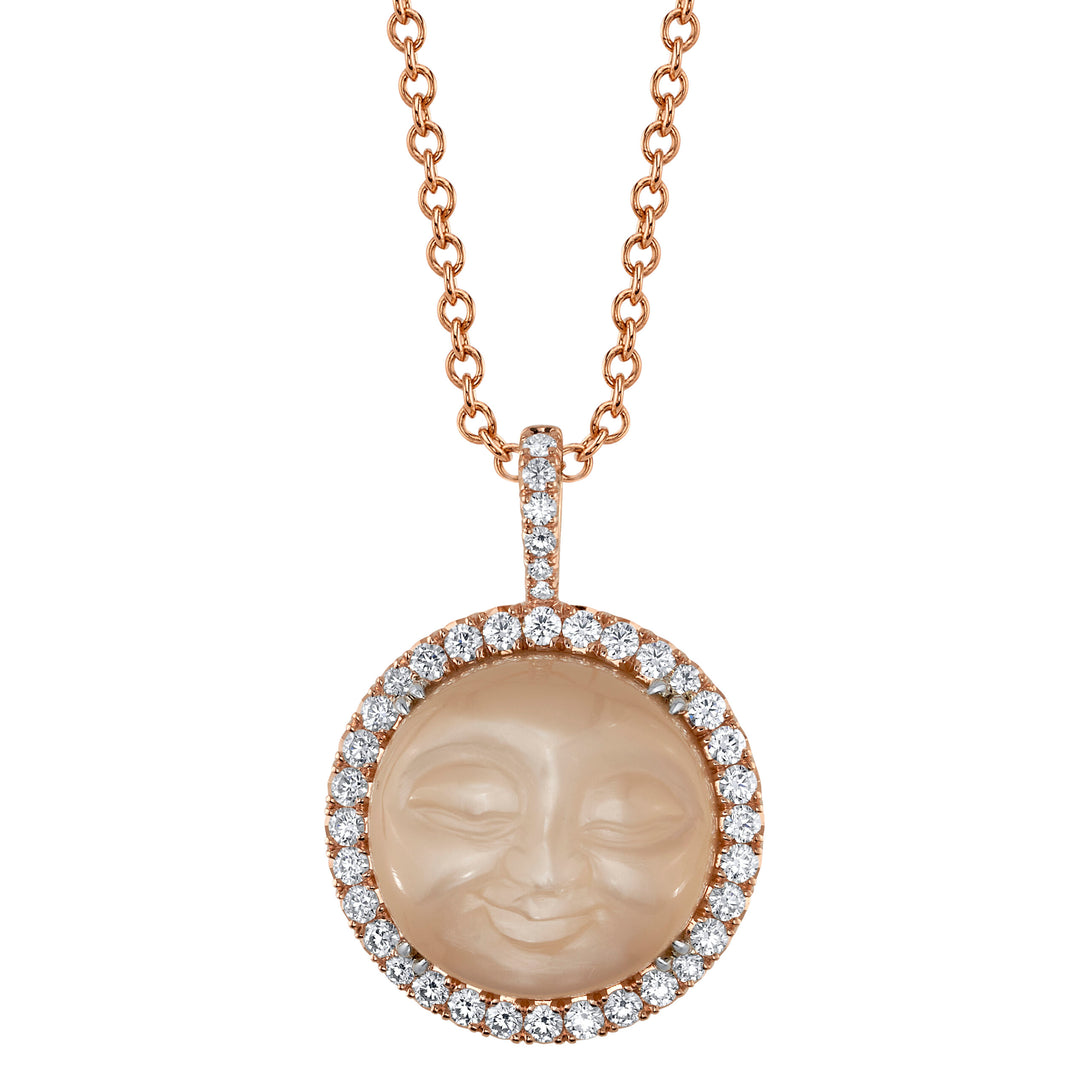 6.95ct Round "Man in the Moon" Indian Moonstone & Diamond Drop Necklace