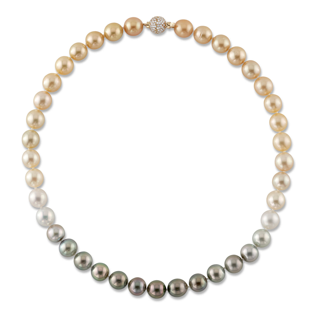 10mm Ombré Tahitian, Gold & White South Sea Pearl Strand with a 14K Yellow Gold Pave Ball