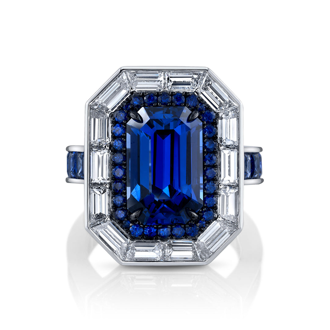 Outstanding Emerald Cut Sapphire & Diamond Platinum Ring