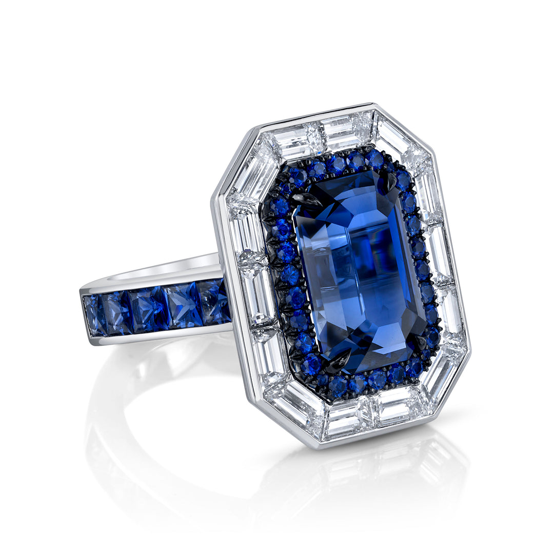 Outstanding Emerald Cut Sapphire & Diamond Platinum Ring