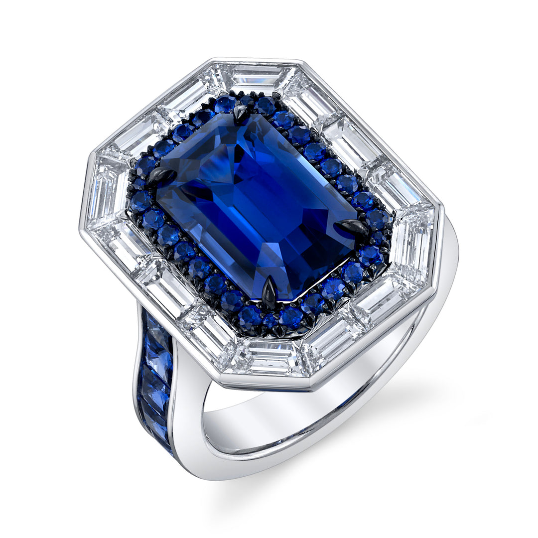 Outstanding Emerald Cut Sapphire & Diamond Platinum Ring