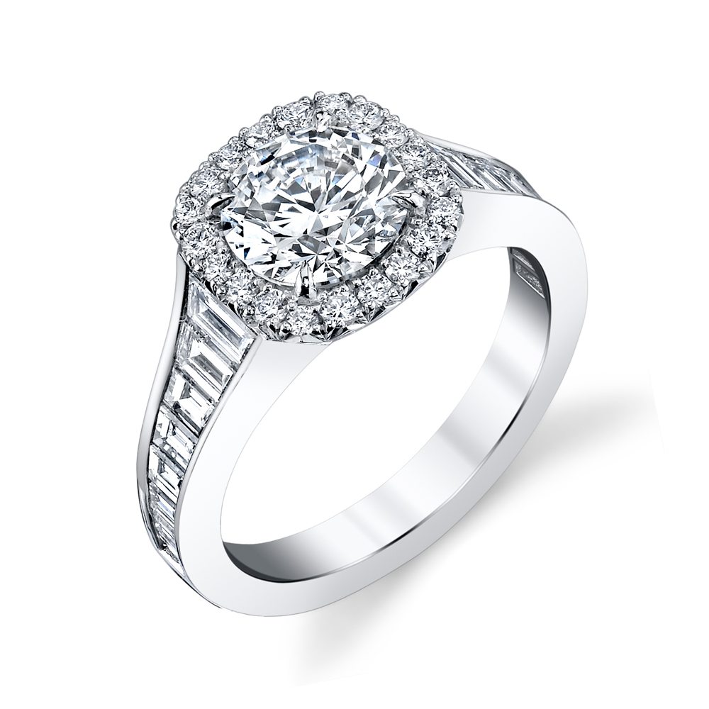 Cushion Pave Halo & Baguette Diamond Ring