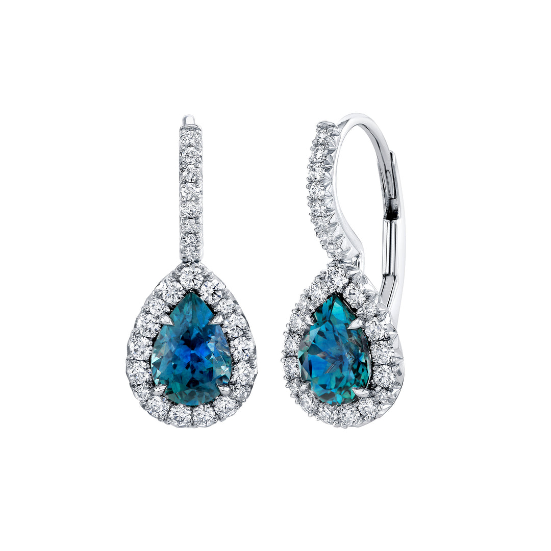 1.89ctw Pear Shape Blue-Green Montana Sapphire & Diamond Halo Earrings in Platinum