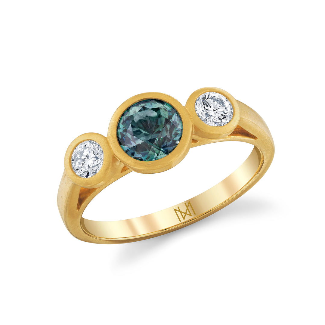 1.14ct Round Montana Sapphire & Diamond Three Stone Engagement Ring