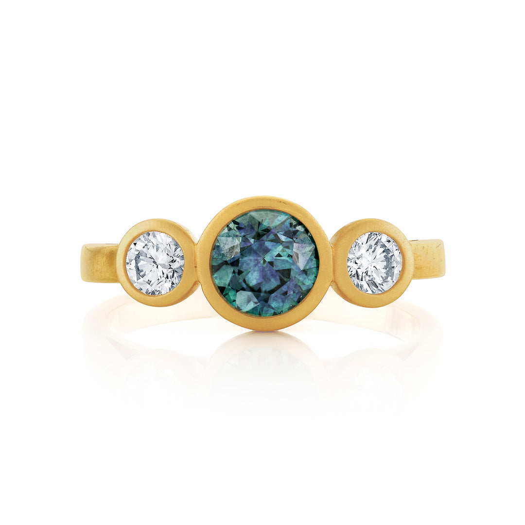 1.14ct Round Montana Sapphire & Diamond Three Stone Engagement Ring