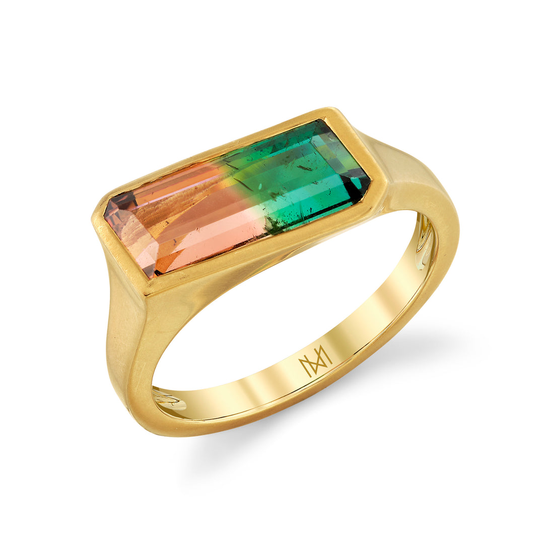 3.55ct Fancy Cut Watermelon Tourmaline Bezel Ring in 18K Yellow Gold