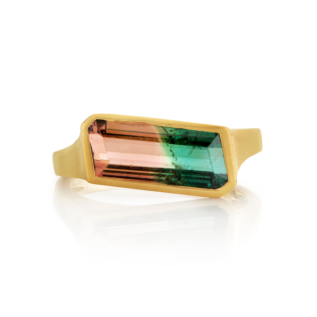 3.55ct Fancy Cut Watermelon Tourmaline Bezel Ring in 18K Yellow Gold