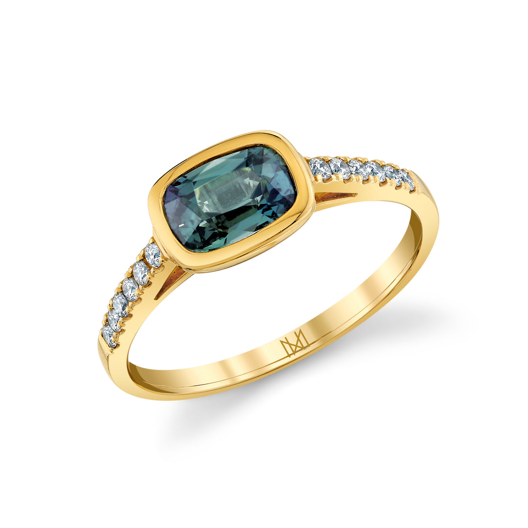 1.18ct Cushion Teal Sapphire & Diamond Bezel Ring in 18K Yellow Gold