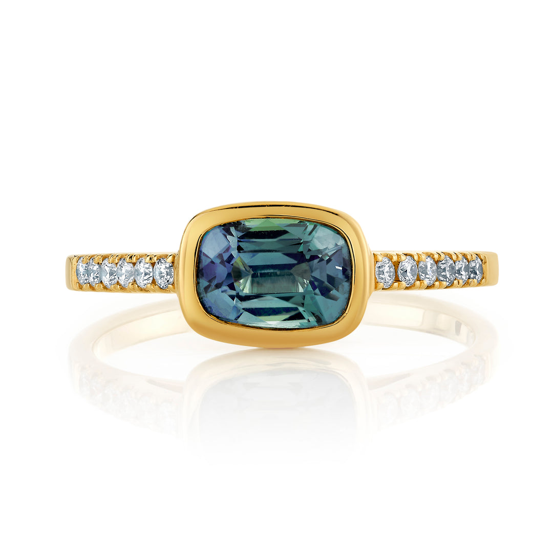 1.18ct Cushion Teal Sapphire & Diamond Bezel Ring in 18K Yellow Gold