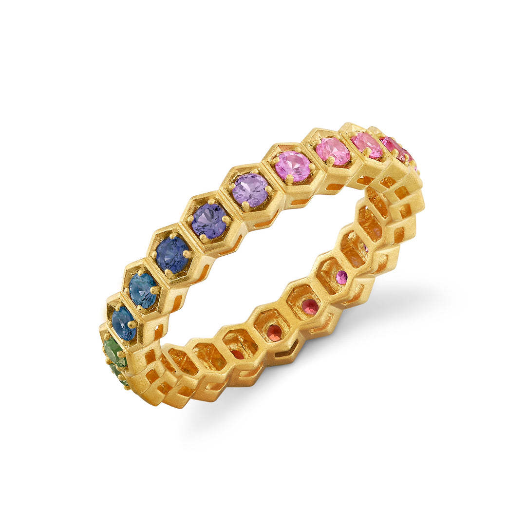 "Over The Rainbow" Hexagon Bezel Sapphire Eternity Band