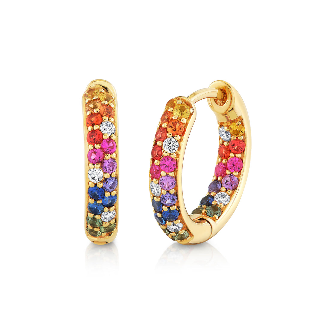 Small Rainbow Sapphire & Diamond Pave Inside Outside Hoops in 18K Yellow Gold
