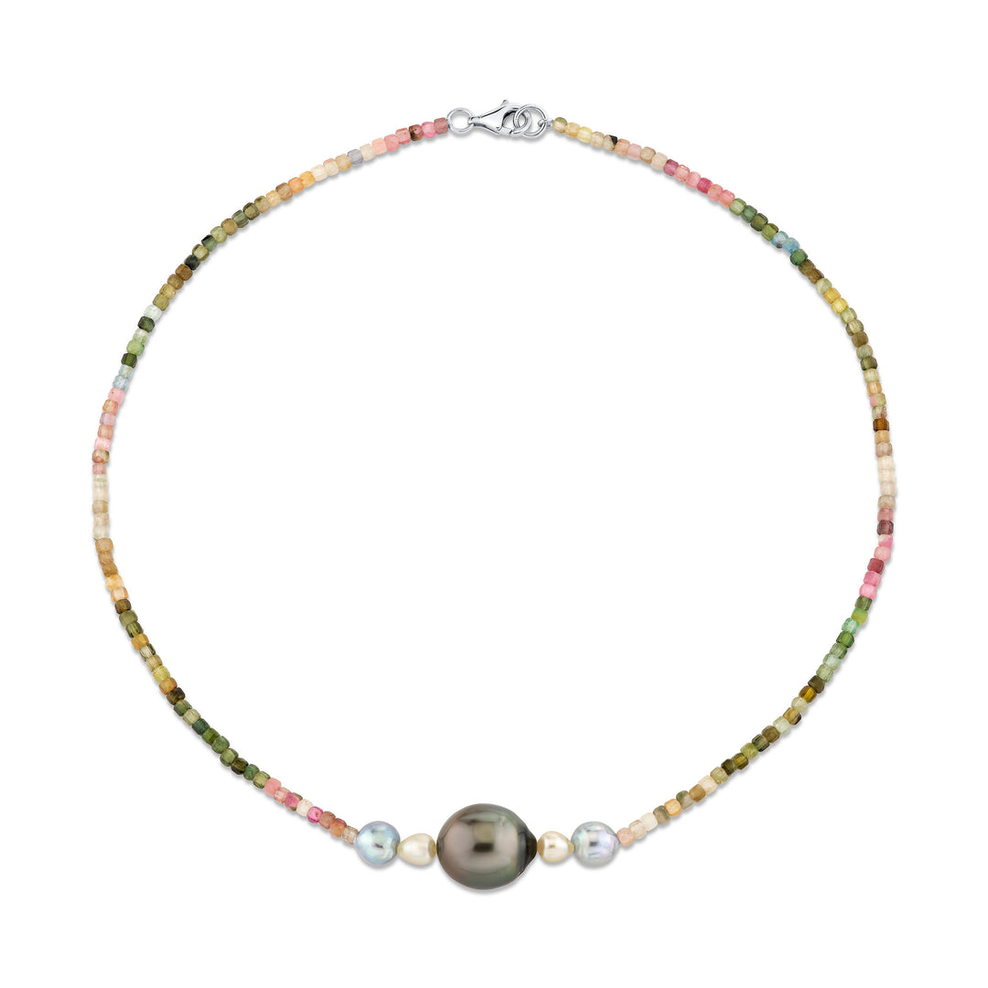 Tahitian, South Sea, & Akoya Pearl & Sapphire Beaded Necklace in Sterling Silver