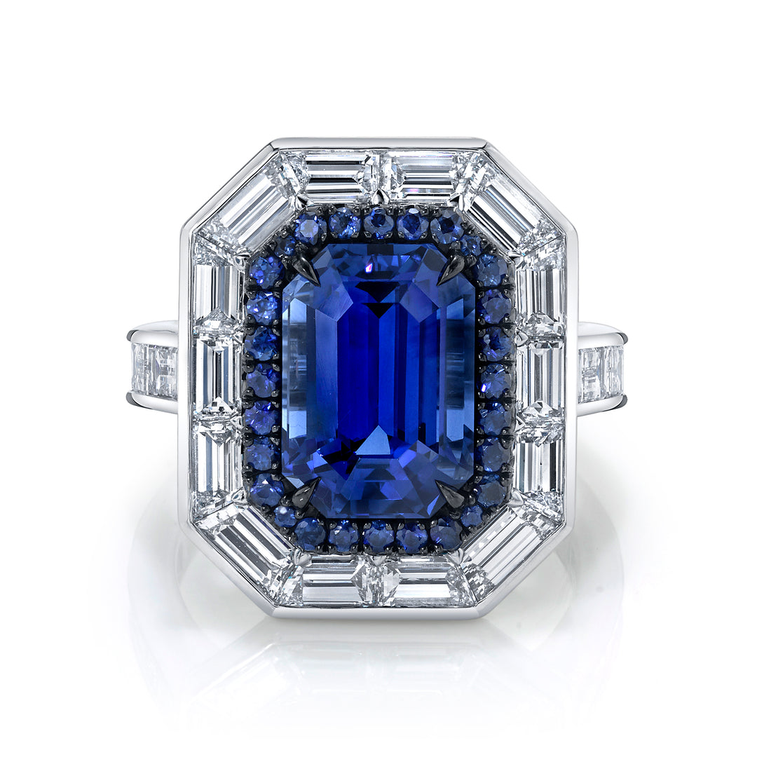 Emerald Cut Ceylon Sapphire & Diamond Ring