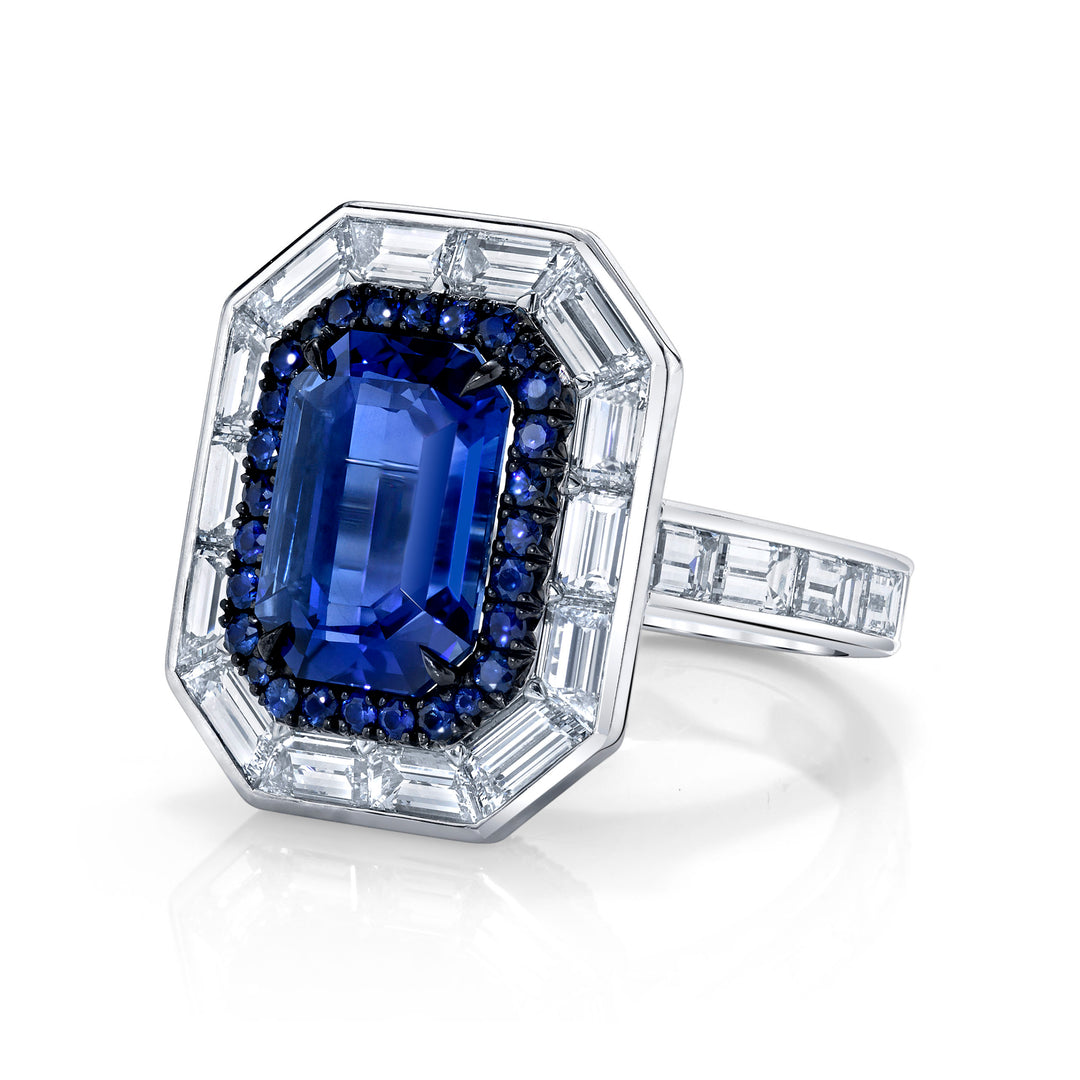 Emerald Cut Ceylon Sapphire & Diamond Ring