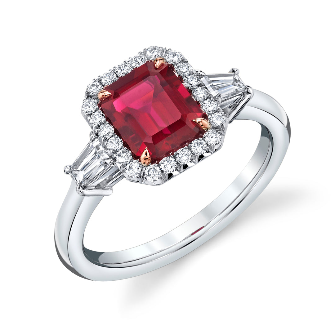 1.49ct Emerald Cut Rubellite & Diamond Three Stone Ring