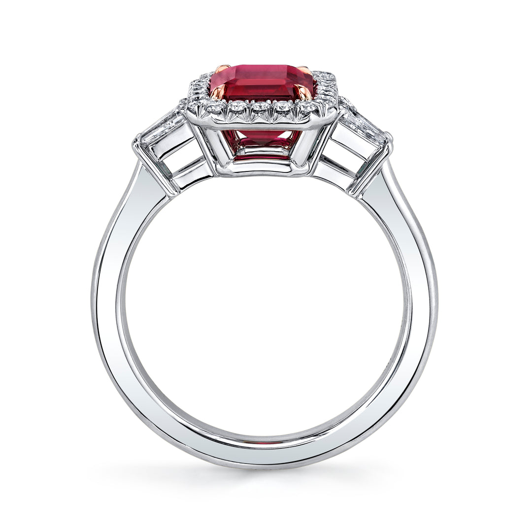 1.49ct Emerald Cut Rubellite & Diamond Three Stone Ring