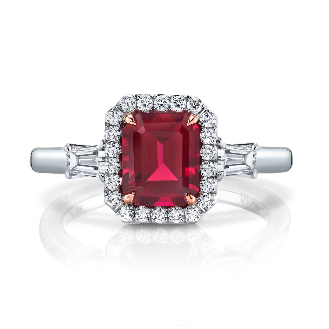 1.49ct Emerald Cut Rubellite & Diamond Three Stone Ring